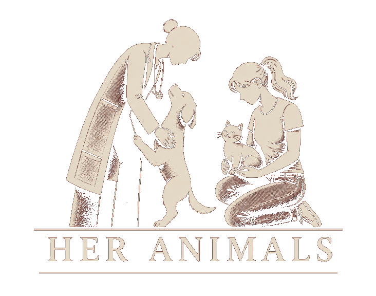 Her Animals logo — a veterinarian with a dog and a girl holding a cat